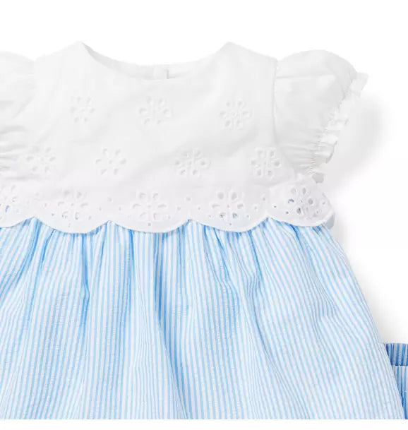 Baby Eyelet/Seersucker Blue stripe bloomer Set