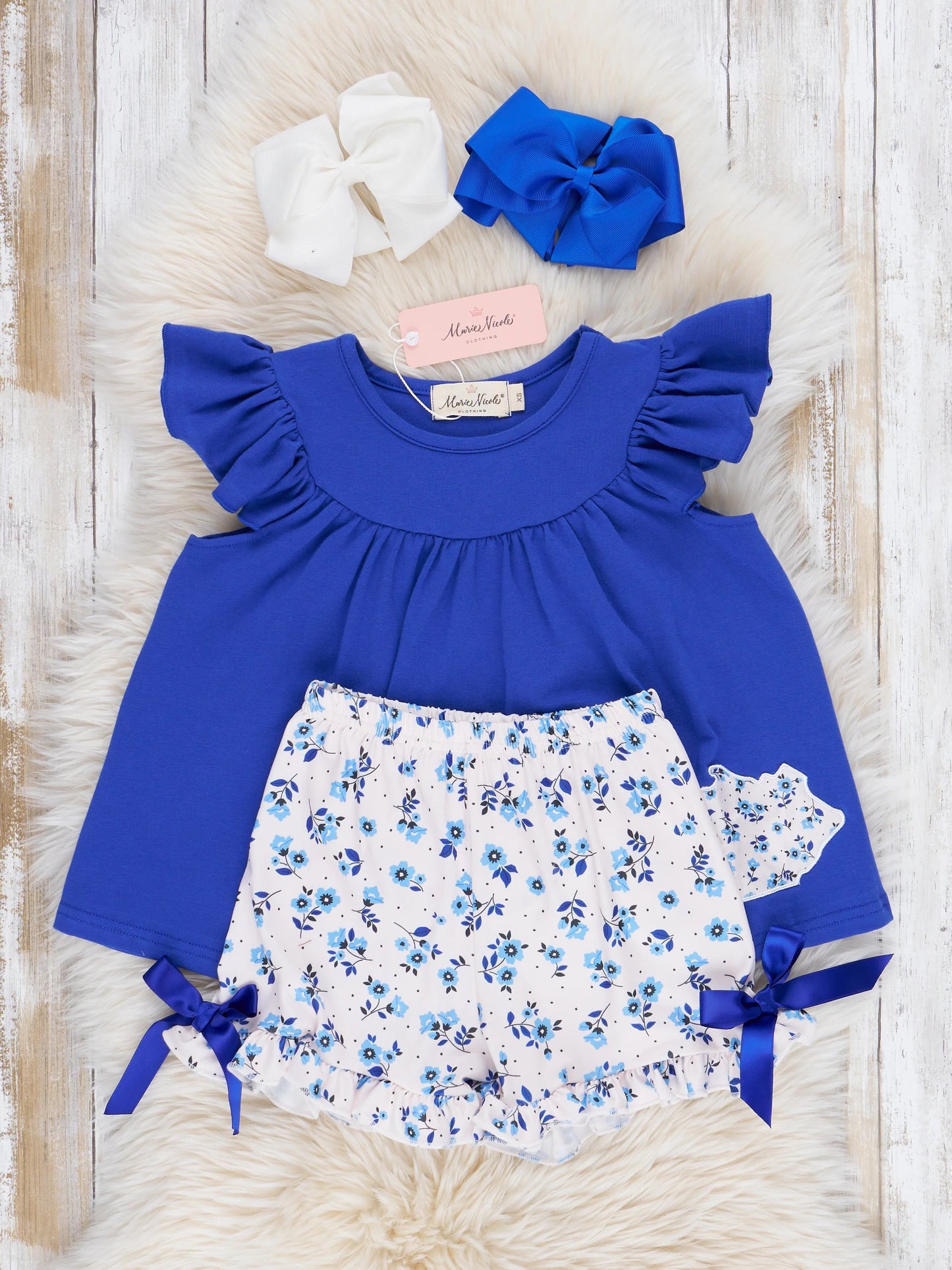 Kentucky Blue Floral Ruffle Short Outfit Girls