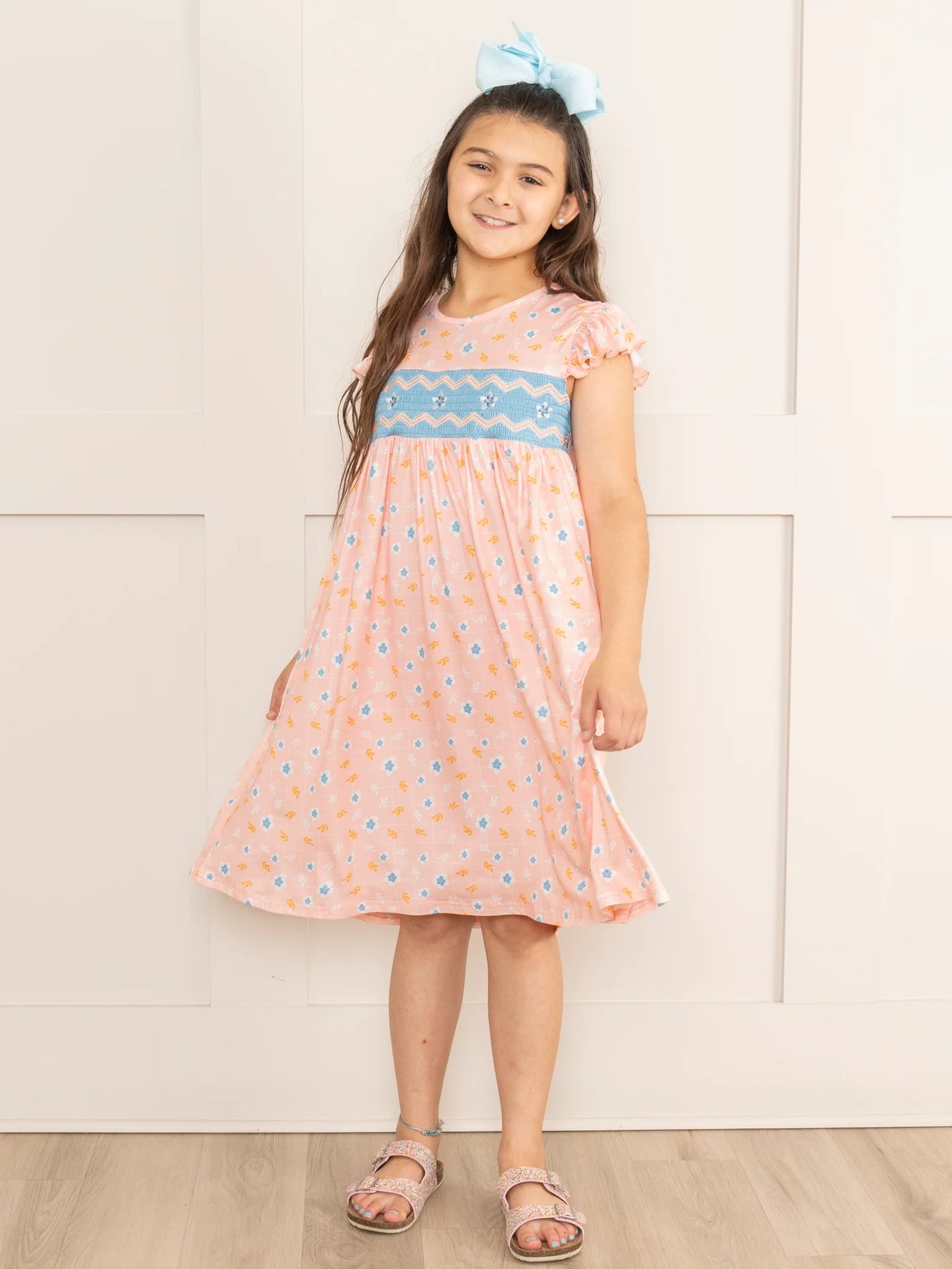 Peachy Blossoms Smocked Ruffle Dress
