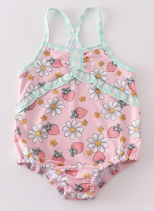 Pink Floral Strawberry one-piece girl swim suit