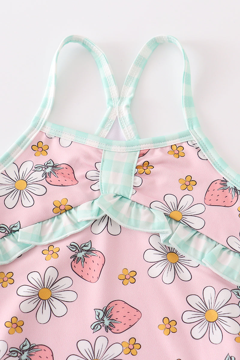 Pink Floral Strawberry one-piece girl swim suit
