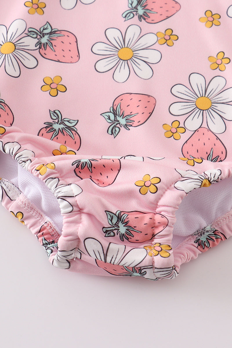 Pink Floral Strawberry one-piece girl swim suit