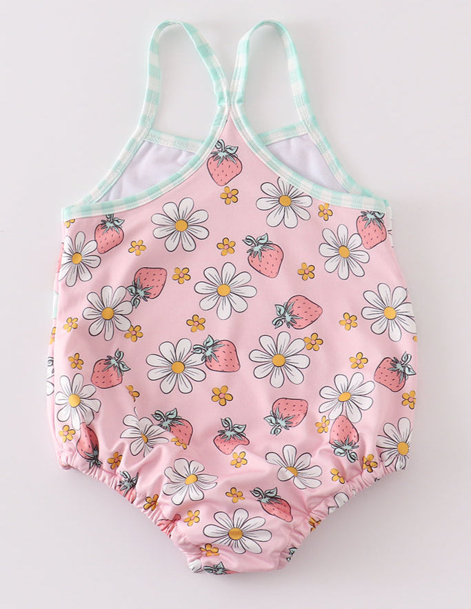 Pink Floral Strawberry one-piece girl swim suit