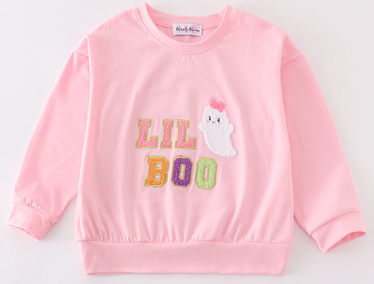PINK HALLOWEEN LIL' BOO CHENILLE PATCH SWEATSHIRT