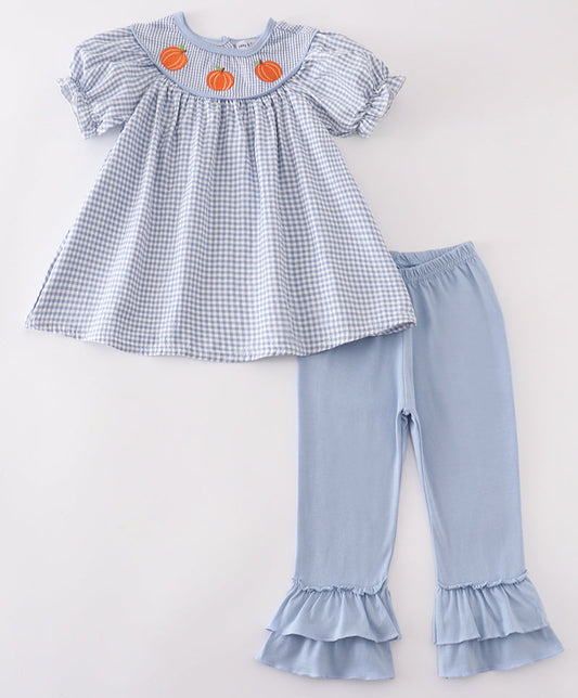 BLUE GINGHAM PUMPKIN EMBROIDERY GIRL SET