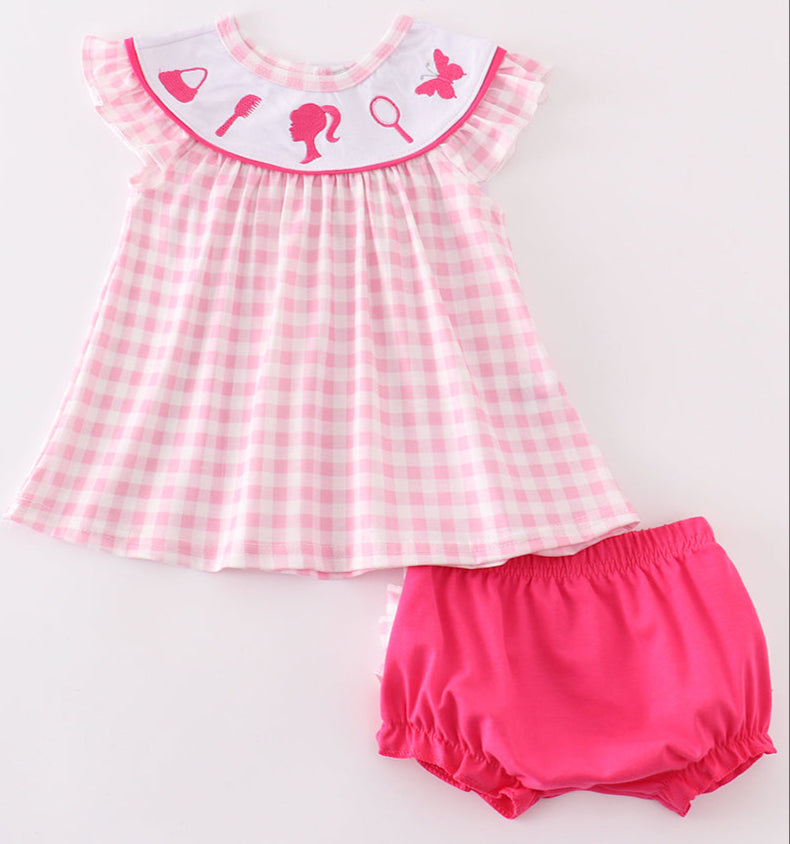 PINK BARBIE EMBROIDERY GINGHAM GIRL BLOOMER SET