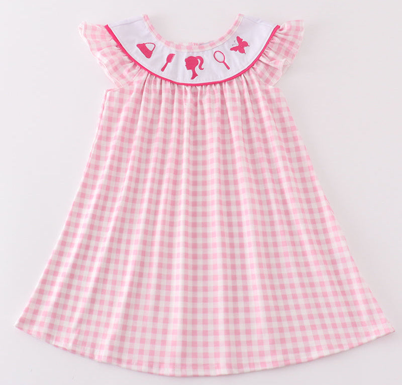 PINK BARBIE EMBROIDERY GINGHAM GIRL DRESS