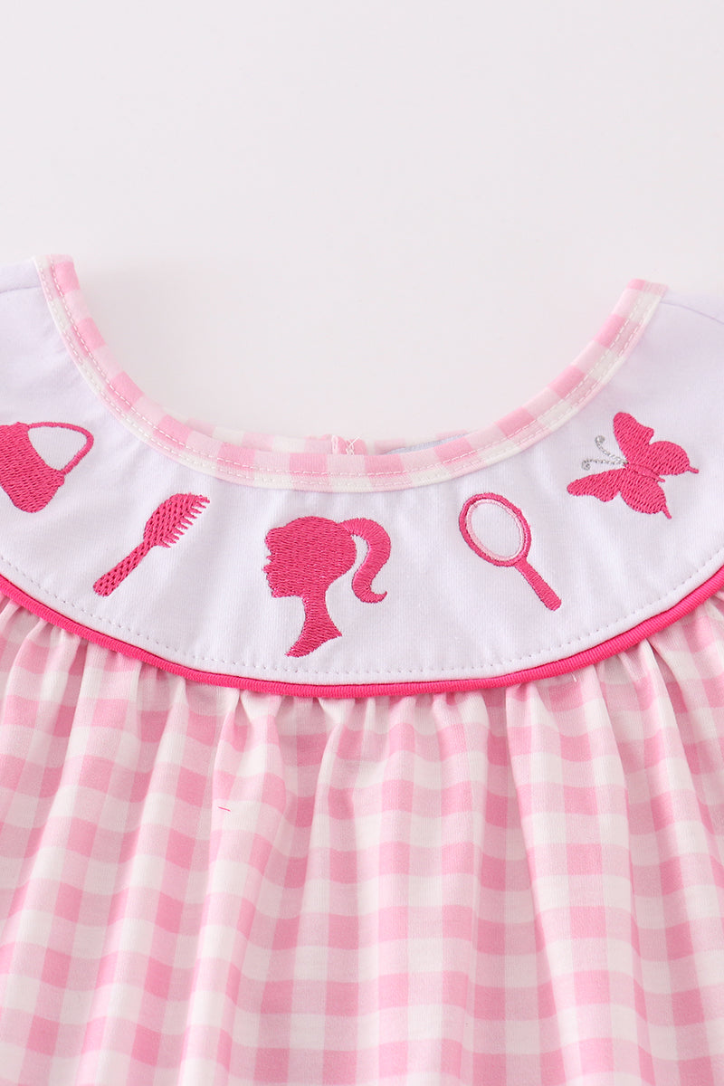 PINK BARBIE EMBROIDERY GINGHAM GIRL BLOOMER SET