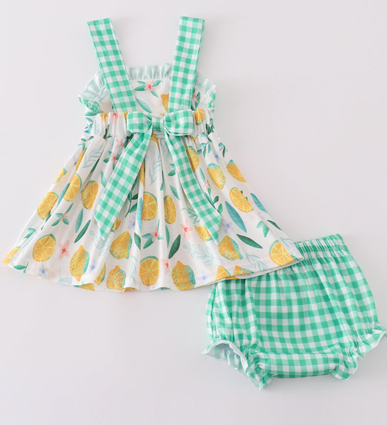 GREEN LEMON PIRNT GIRL BLOOMER SET