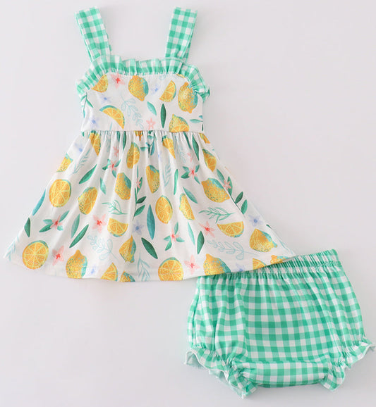 GREEN LEMON PIRNT GIRL BLOOMER SET