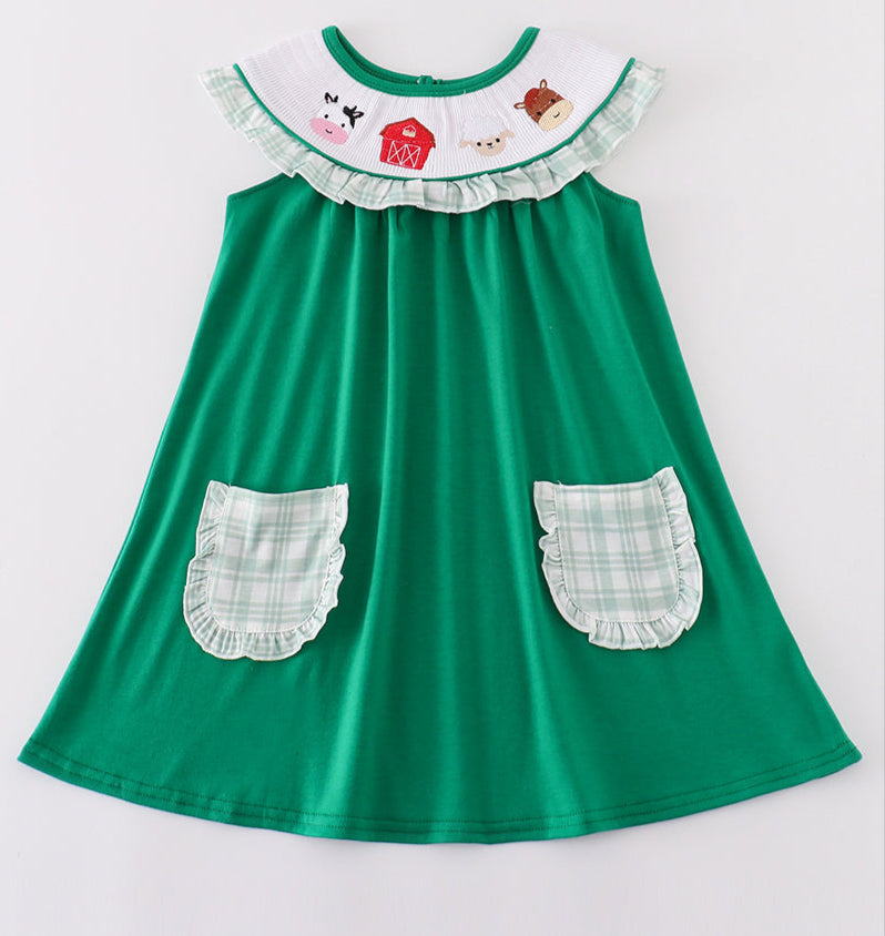 GREEN FARM EMBROIDERY SMOCKED GIRL DRESS