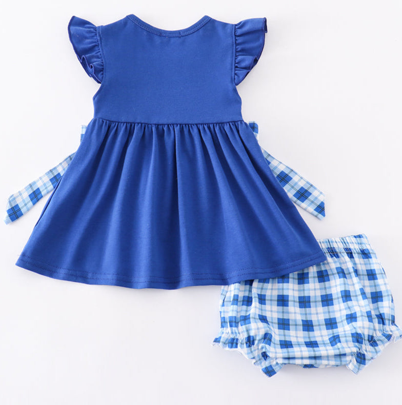 BLUE WILDCATS EMBROIDERY GIRL BLOOMER SET