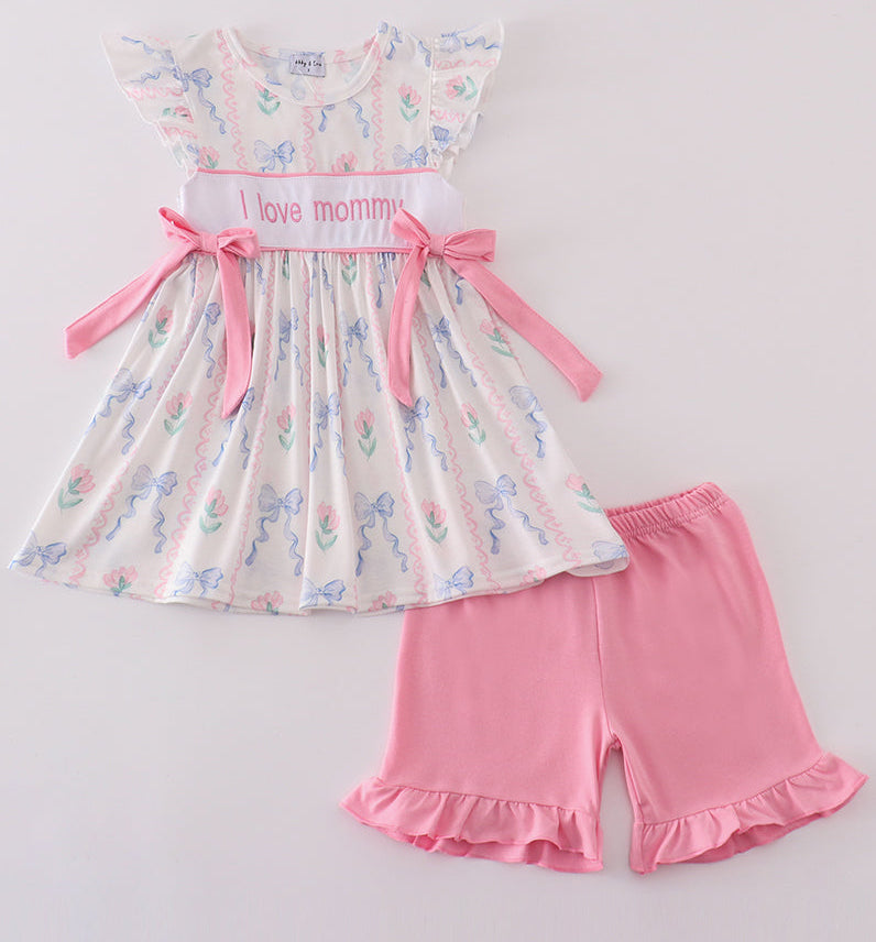 PINK BOW I LOVE MOMMY EMBROIDERY GIRL SET 18M