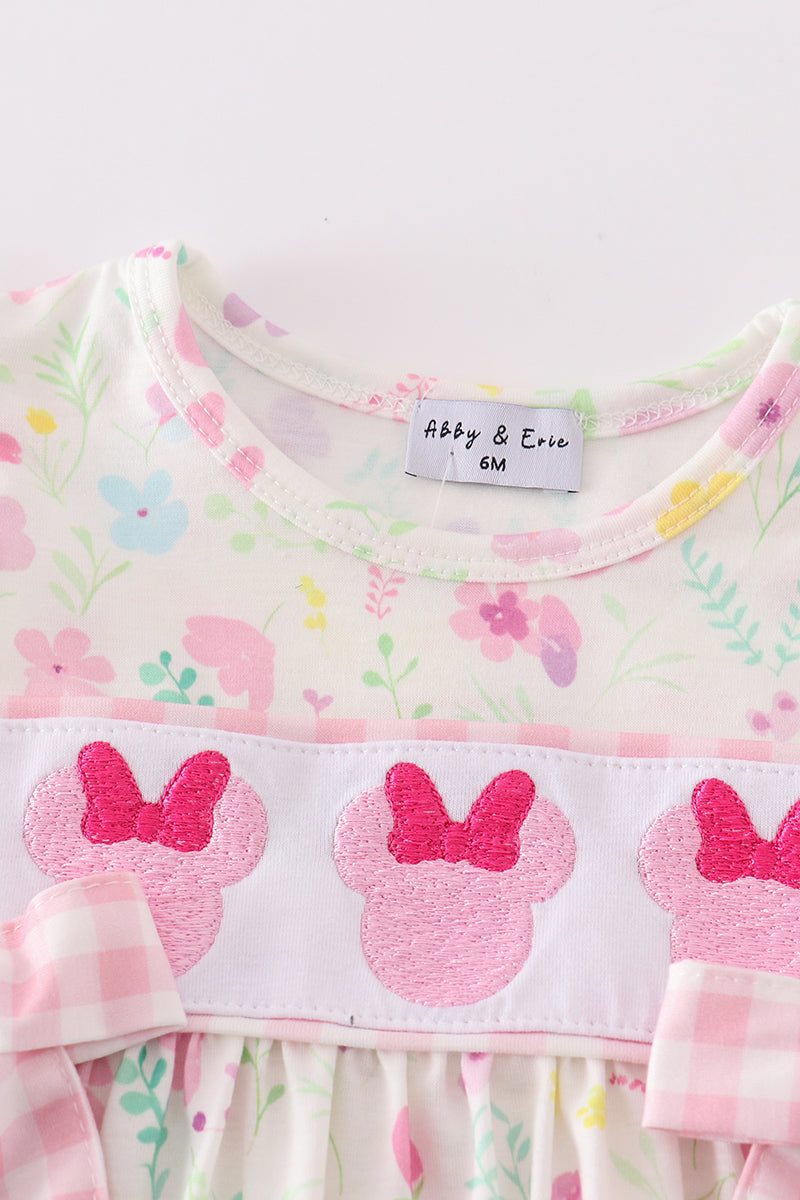 PINK FLORAL MOUSE EMBROIDERY GIRL BUBBLE; Size 2