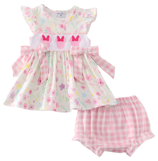 PINK FLORAL MINNIE MOUSE EMBROIDERY GIRL BLOOMER SET