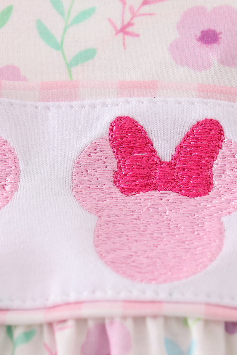 PINK FLORAL MOUSE EMBROIDERY GIRL BUBBLE; Size 2