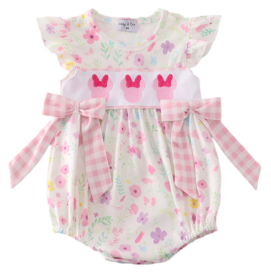 PINK FLORAL MOUSE EMBROIDERY GIRL BUBBLE; Size 2