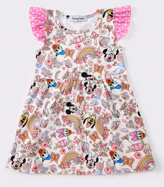 PINK CHARACTER PRINT RUFFLE DRESS; 18M