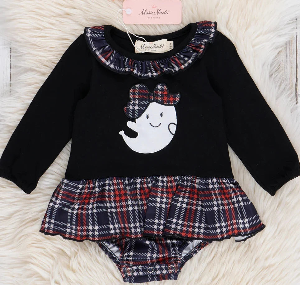 Halloween Ghost Plaid Ruffle Bubble Embroidered