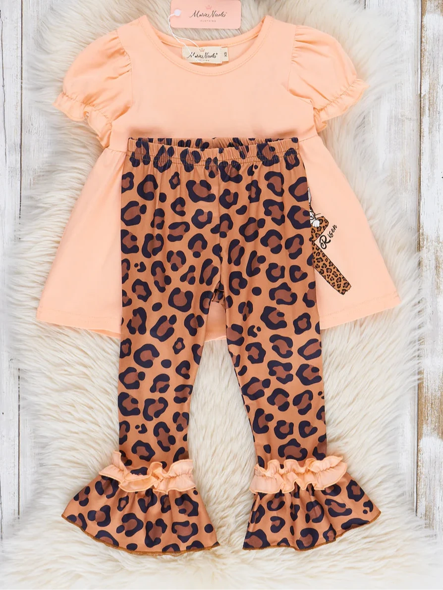 Peach & Leopard "He is Risen" Ruffle Outfit; 18-24M