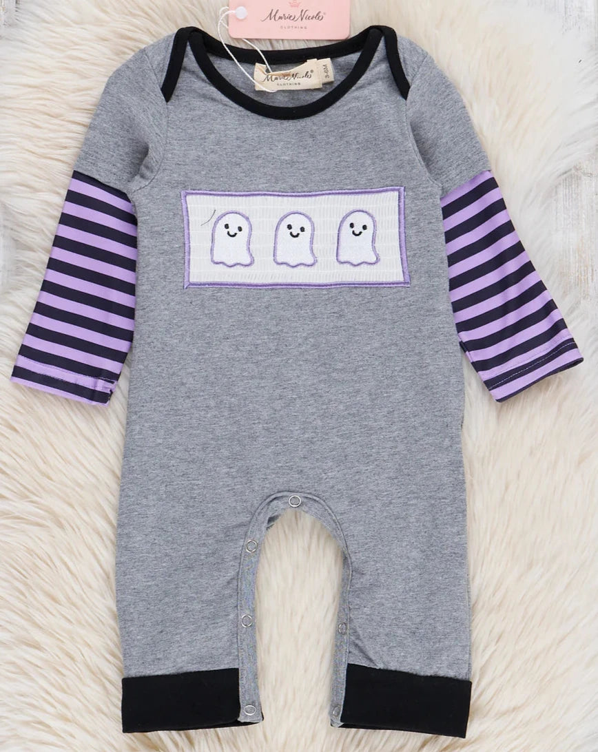 Purple Stripes Smocked Ghosts Romper Boys
