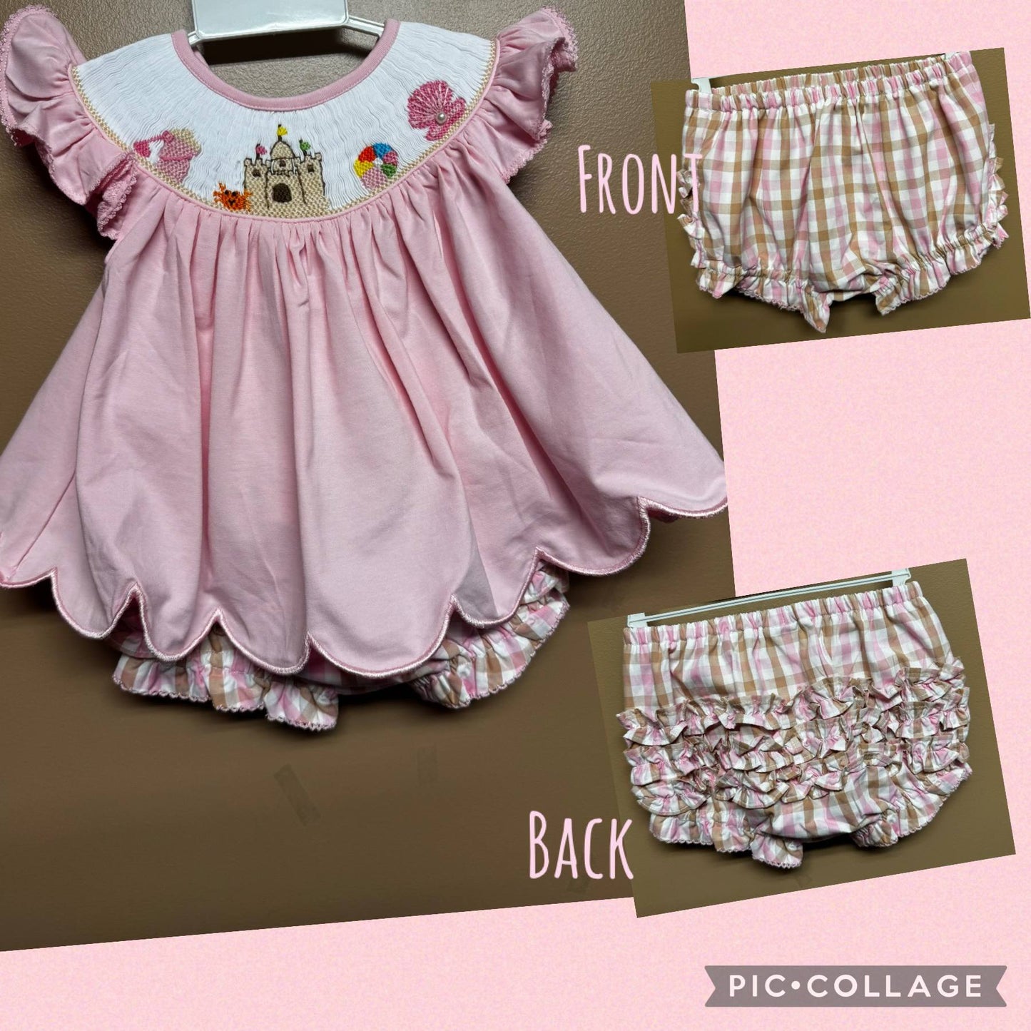 Baby Girl 2 Piece Soft Pink Sandcastle Smocked Bloomer Set