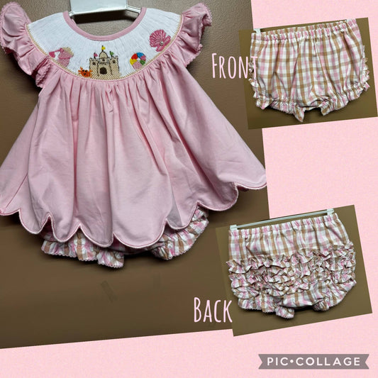 Baby Girl 2 Piece Soft Pink Sandcastle Smocked Bloomer Set