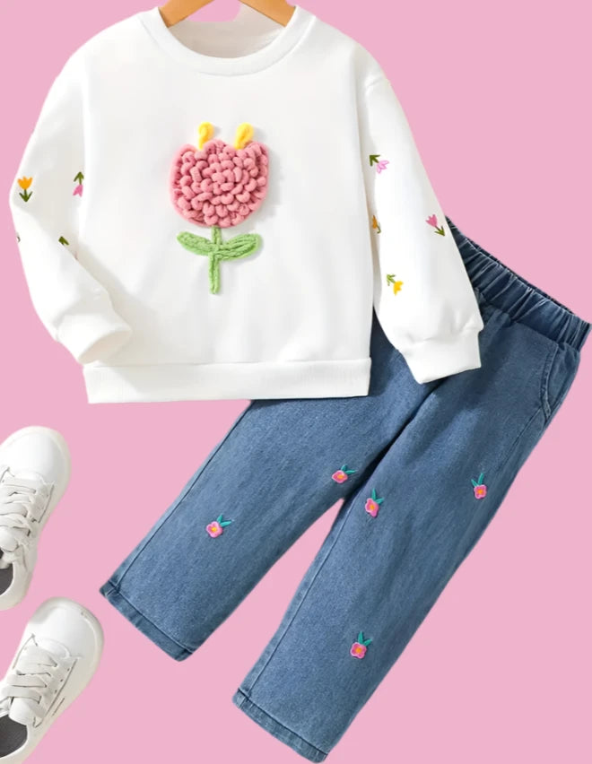 Flower Sweatshirt with Denim Pants flower embroidery