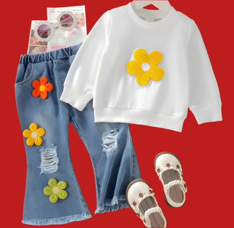 Girls Long Sleeve w/Torn Bell Bottom Pants Set