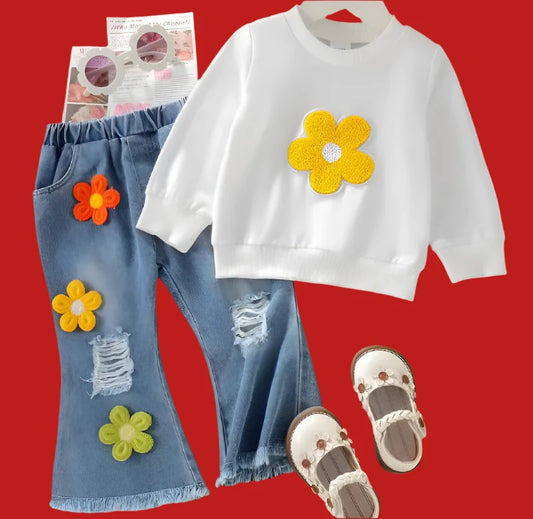 Girls Long Sleeve w/Torn Bell Bottom Pants Set