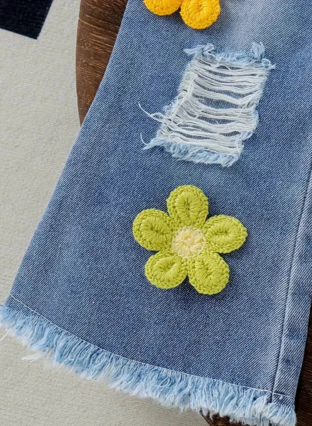 Girls Long Sleeve w/Torn Bell Bottom Pants Set