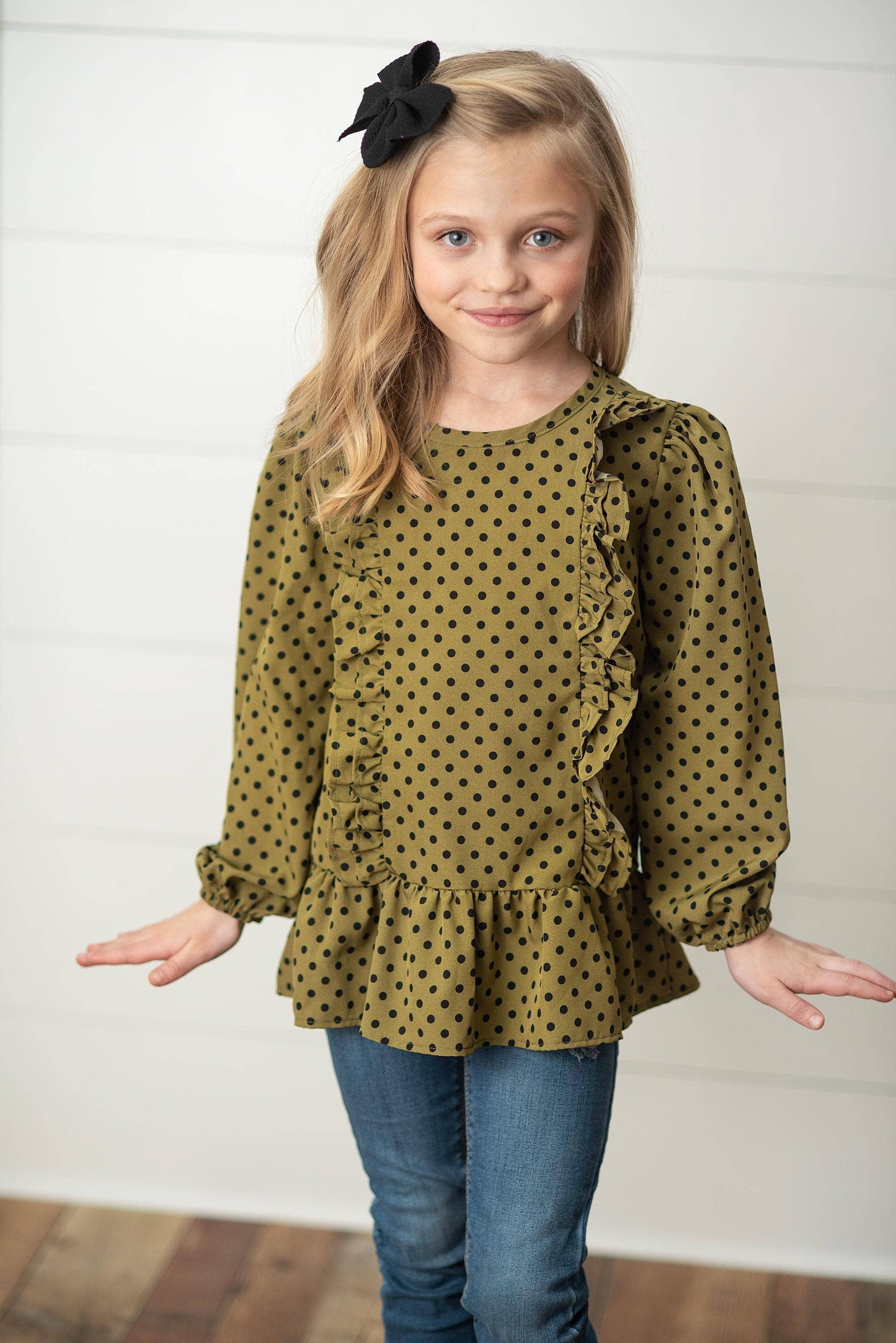 Girls Olive Black Polka Dot Long Sleeve Ruffle Fall Shirt :