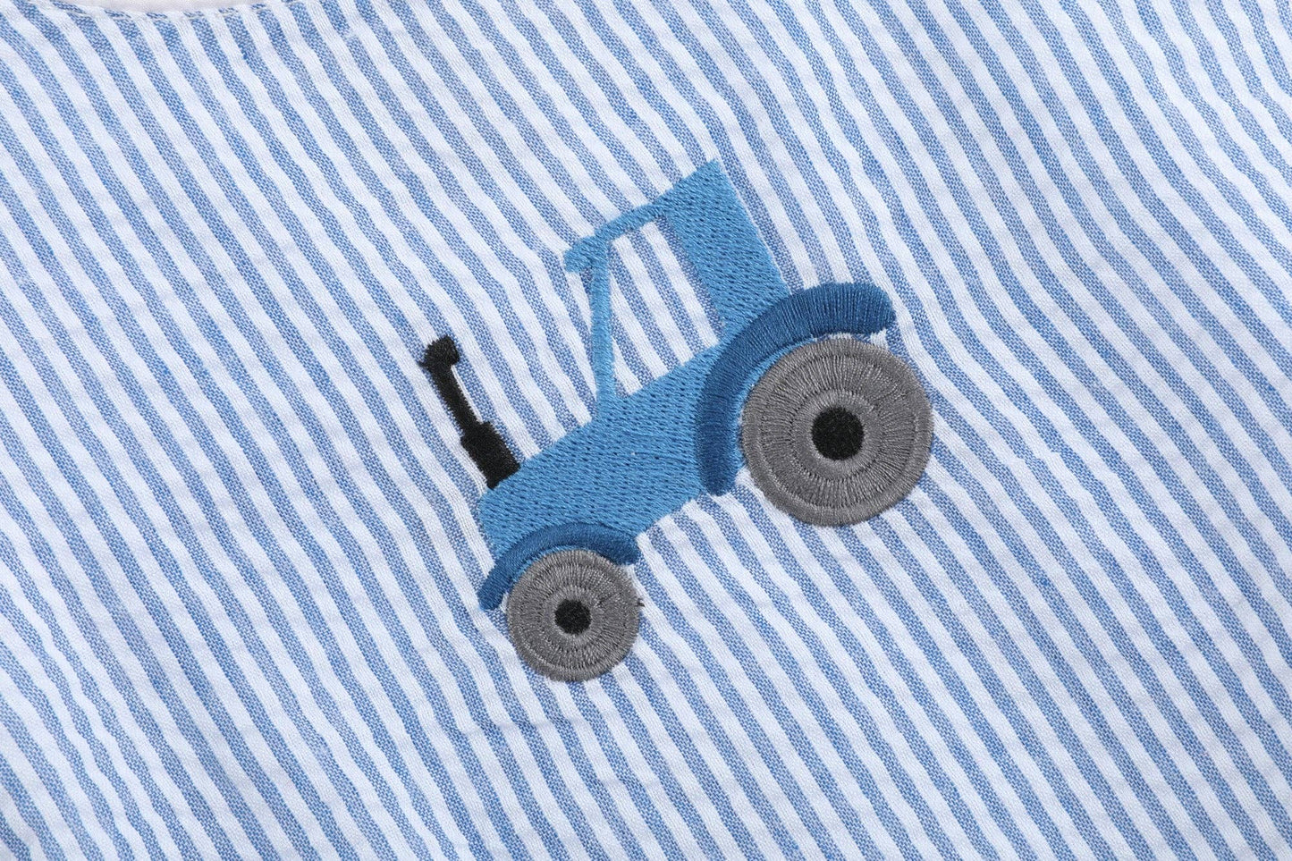 Dark Blue Tractor Seersucker Bubble Romper: