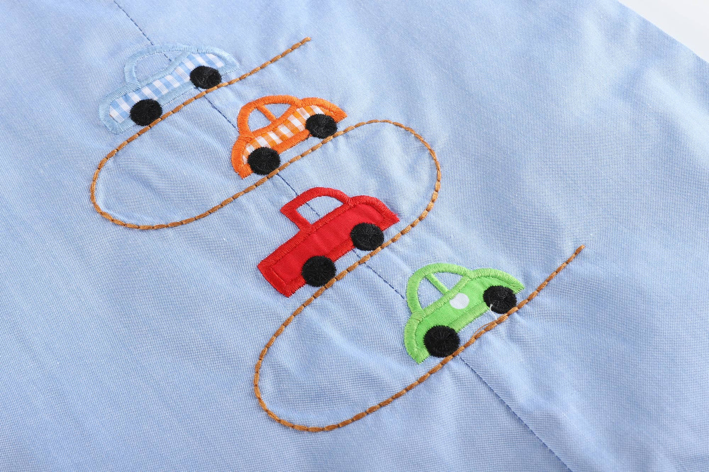 Blue Car Race Track Embroidery Shortalls: