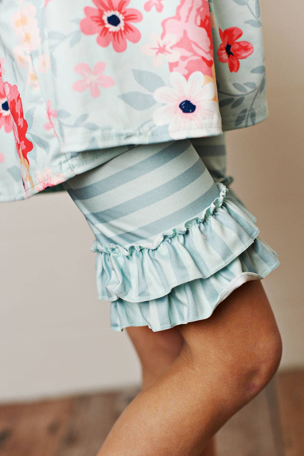 Girls Mint Floral Striped Ruffle Short Set