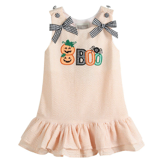Orange Seersucker Halloween Boo Ruffle Dress-Lil Cactus