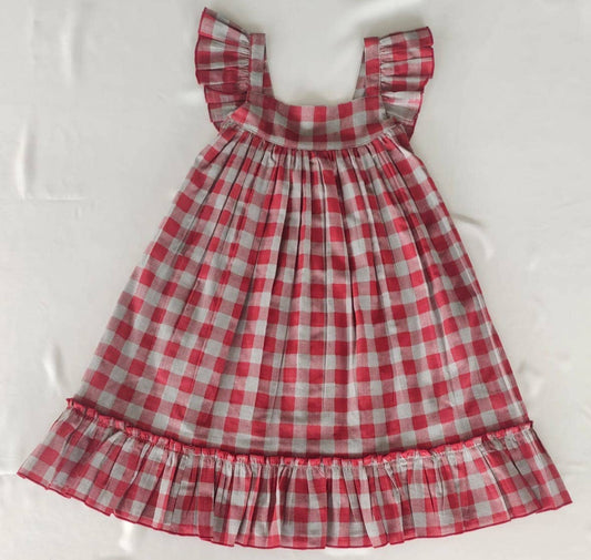 Cotton Red Checked Ruffled Sleeve Dress: