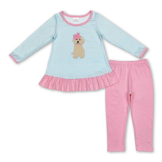 Dog stripe tunic pink leggings girls clothing set: