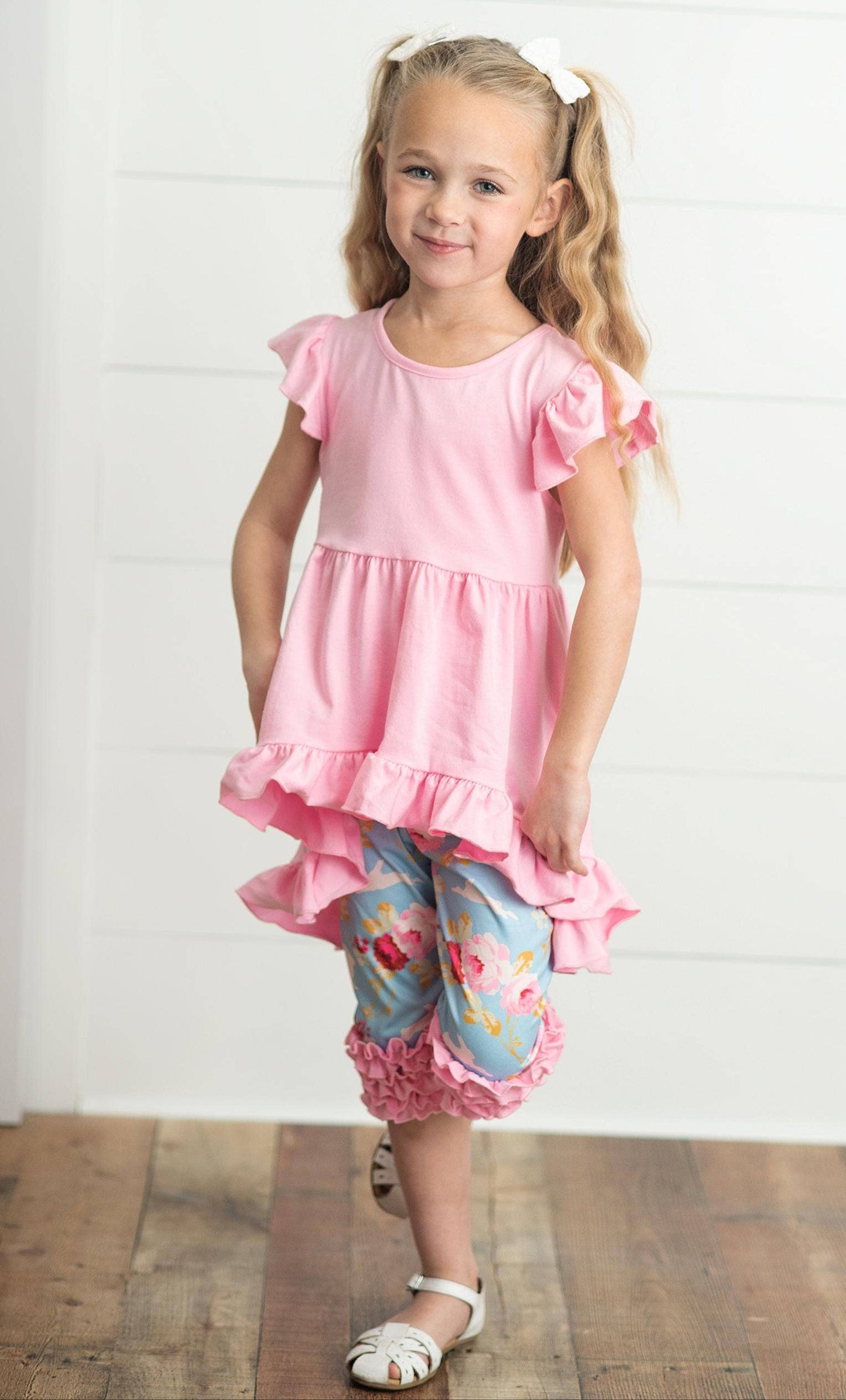 Girls Pink Floral Ruffle Set