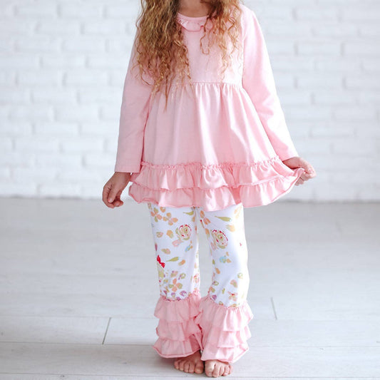 Kids Pink Floral Long Sleeve Ruffle Top & Bottom Set