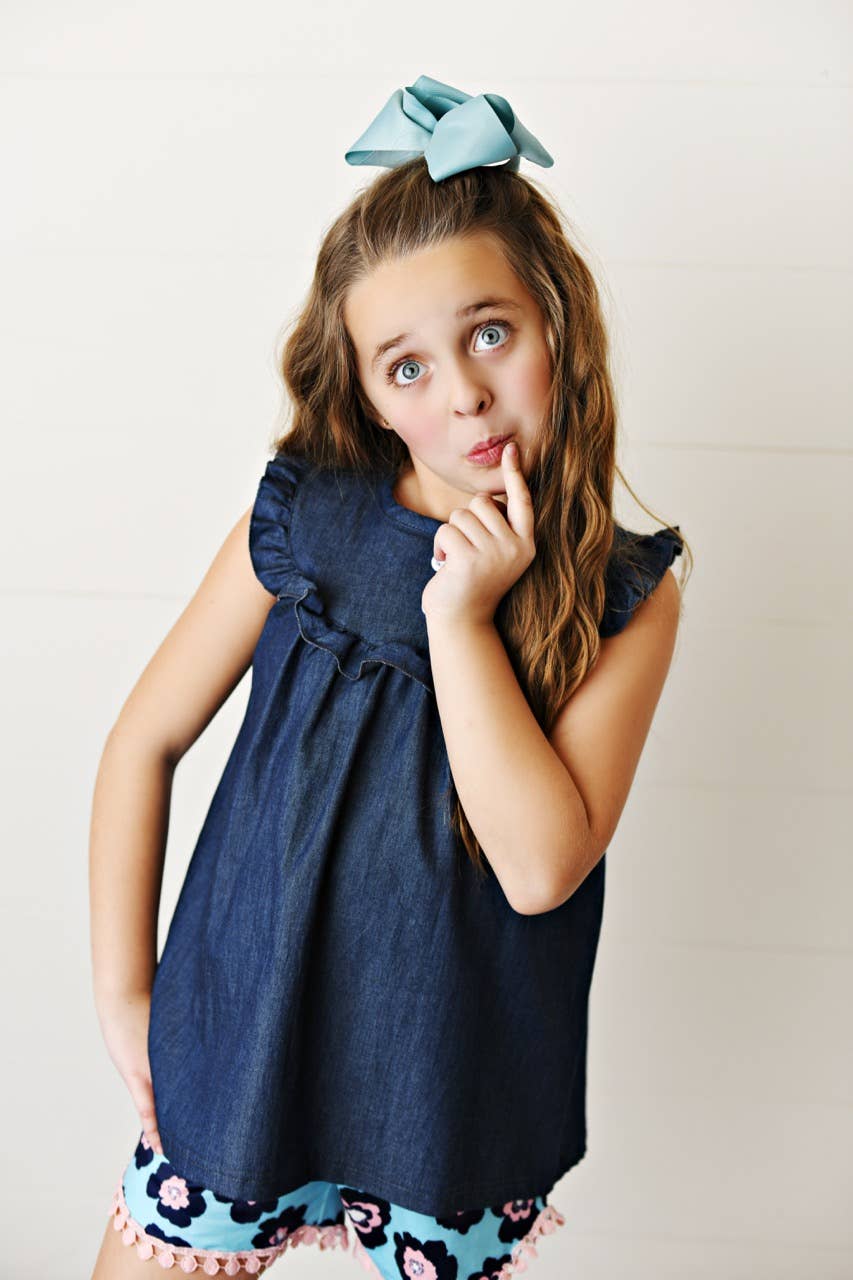 Girls Dark Jean Flower Ruffle Button Spring Two Piece Set