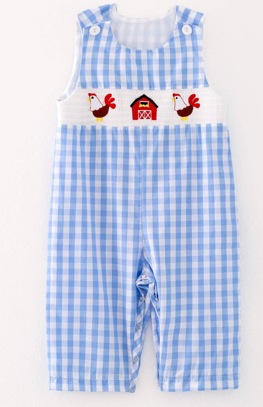 Farm Boys Plaid Woven Smocking Embroidered Romper: Blue / 6M