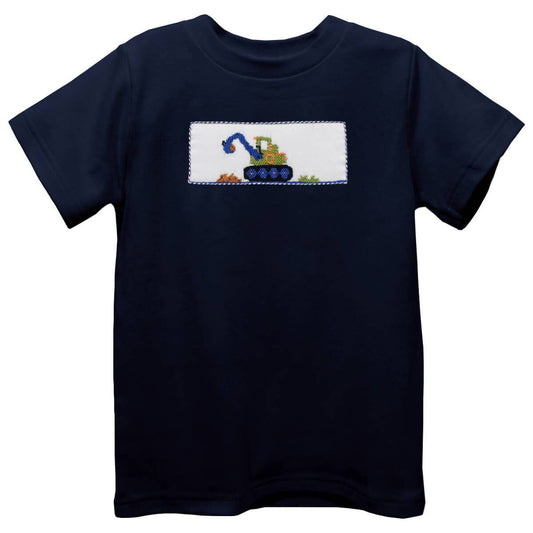 Excavator Smocked Navy Knit Short Sleeve Boys T-Shirt: