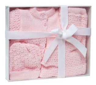 4 Piece Boxed Pink Knit Layette Set