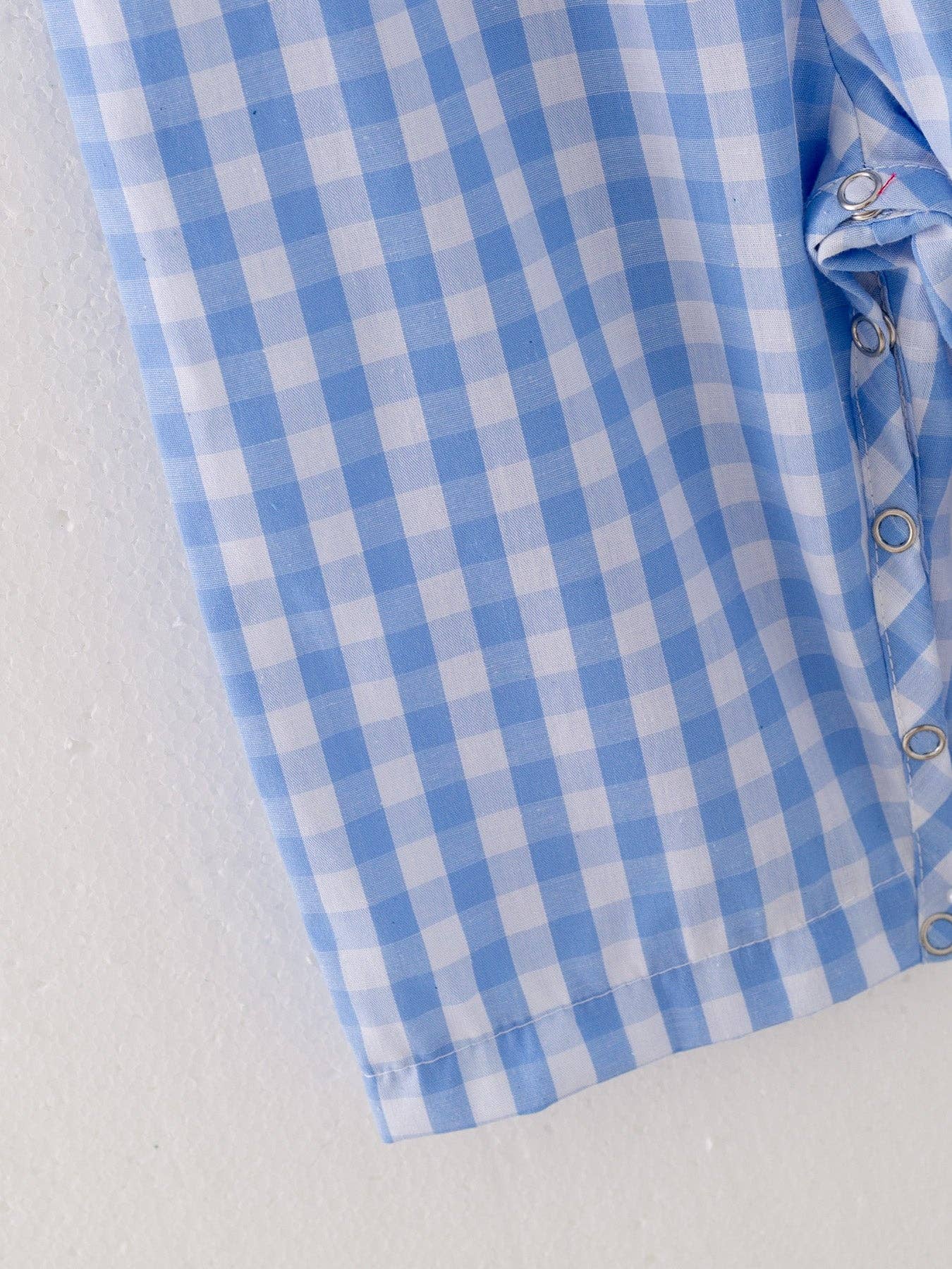Farm Boys Plaid Woven Smocking Embroidered Romper: Blue / 6M