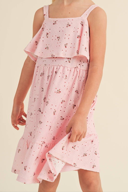 TWEEN KIDS GIRLS RUFFLE KNIT EYELET FLORAL DRESS