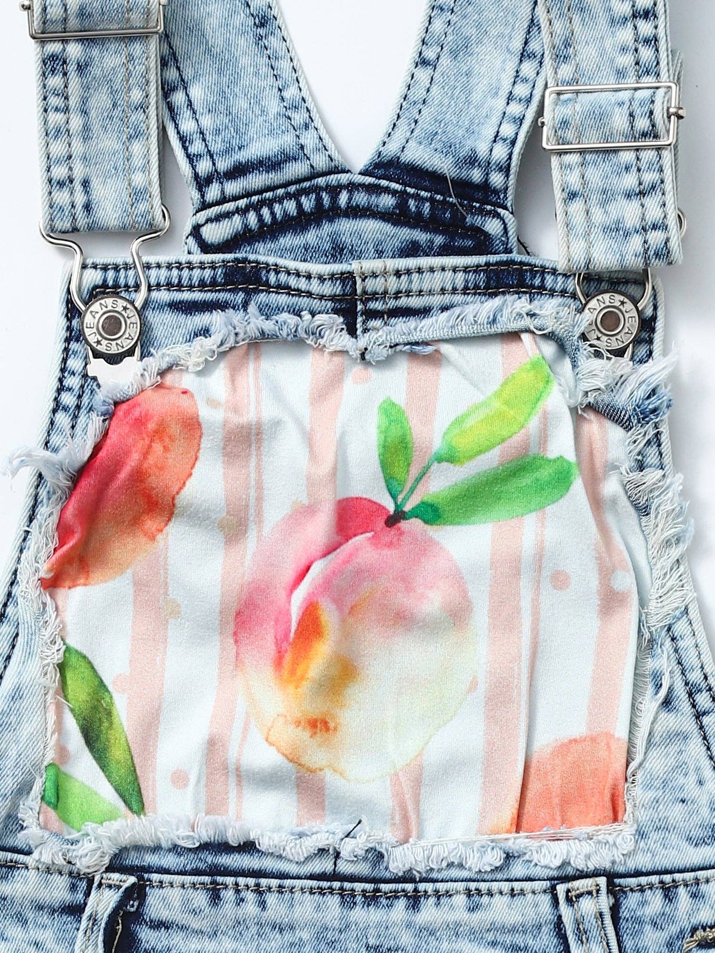 Kids Girls Peach Print Denim Short Overalls: