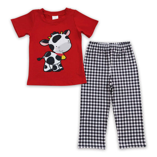 Cow embroidery cotton shirt plaid pants boy outfits: