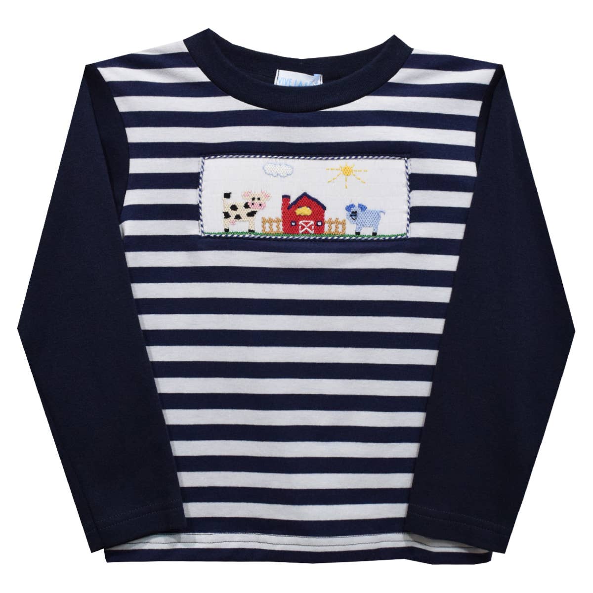 Farm Smocked Navy and White Stripes Long Sleeve Boys T-Shirt