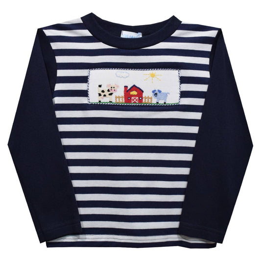 Farm Smocked Navy and White Stripes Long Sleeve Boys T-Shirt